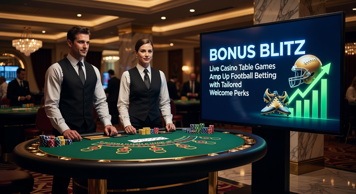 Vibrant live dealer table at Bonus Blitz with soccer betting odds overlay, showcasing blackjack and Premier League matches