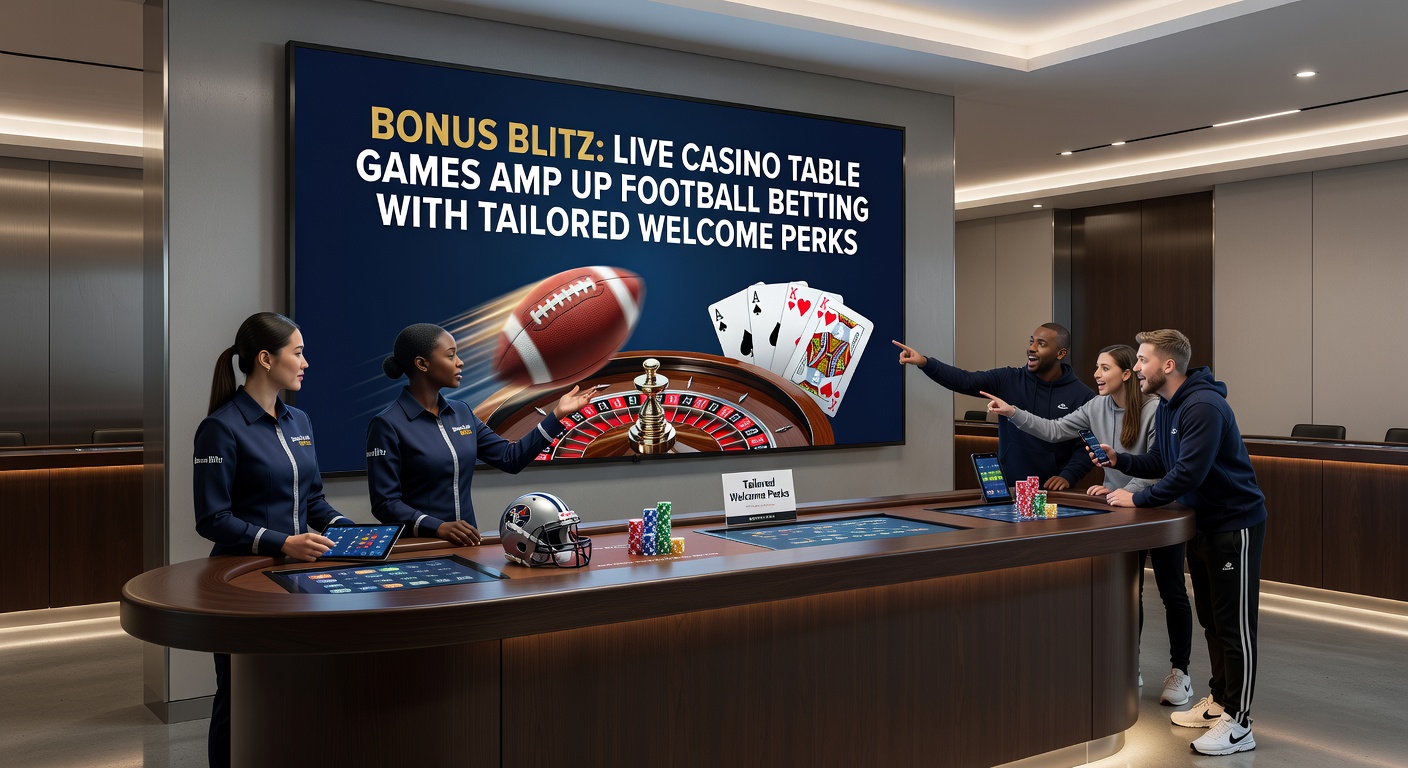 Soccer pitch graphic merged with live baccarat table on Bonus Blitz interface, highlighting welcome bonus pop-up for new football bettors