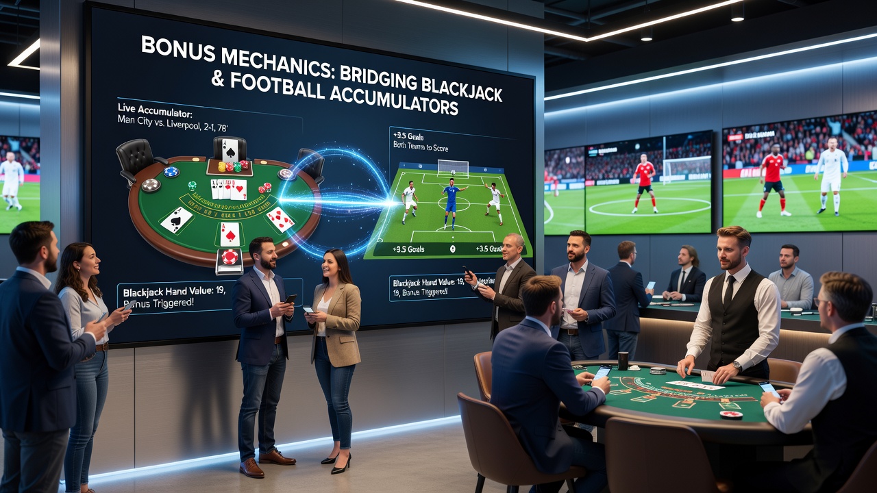 Digital interface displaying real-time blackjack results feeding into football accumulator bet slips