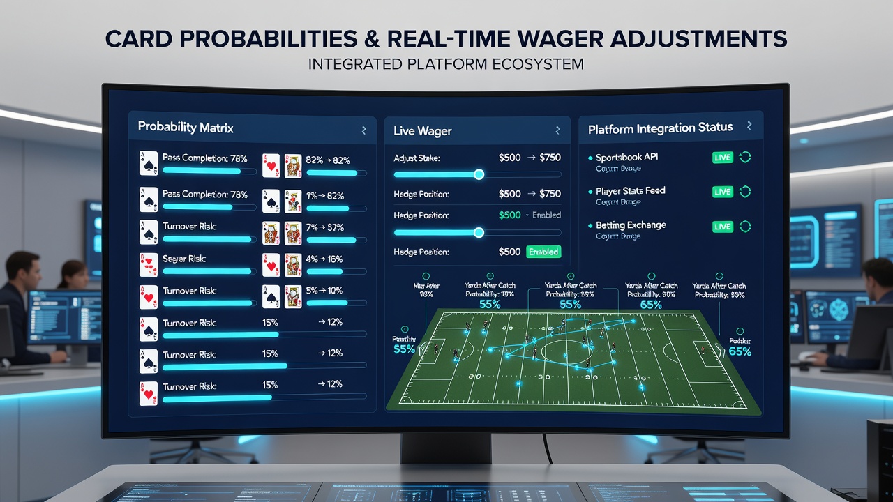 Network diagram illustrating data flow between card probability engine and multiple betting platforms during a live match