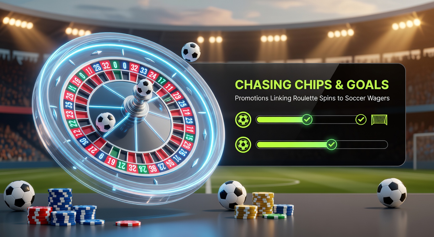 Vibrant roulette wheel spinning alongside a soccer stadium filled with cheering fans under stadium lights, symbolizing the fusion of casino gaming and football excitement