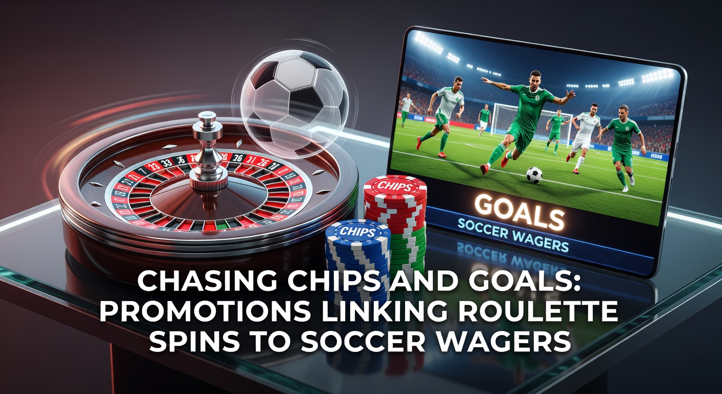 Dynamic split-image of a roulette table in action next to a soccer player celebrating a goal, with promotional graphics overlay highlighting bonus links between spins and bets
