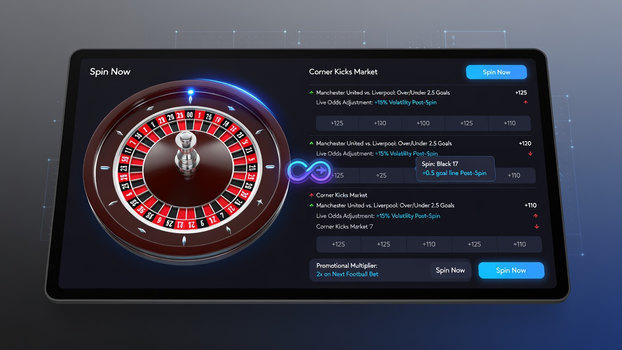 Split-screen view showing roulette spin results triggering adjustments in live football betting odds