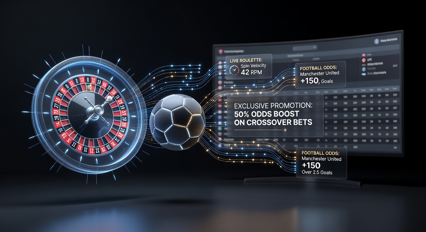 Live roulette wheel spinning alongside a football match scoreboard in a digital casino interface