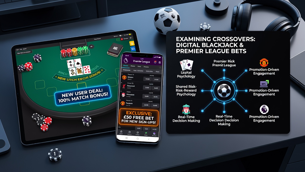 Digital interface showing blackjack gameplay alongside Premier League match odds with bonus indicators