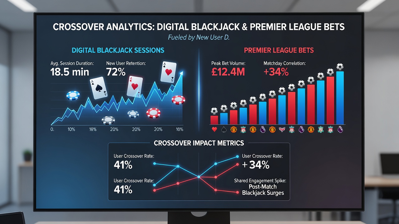 Split-screen view of live blackjack dealer table next to Premier League betting slip with active bonus meter