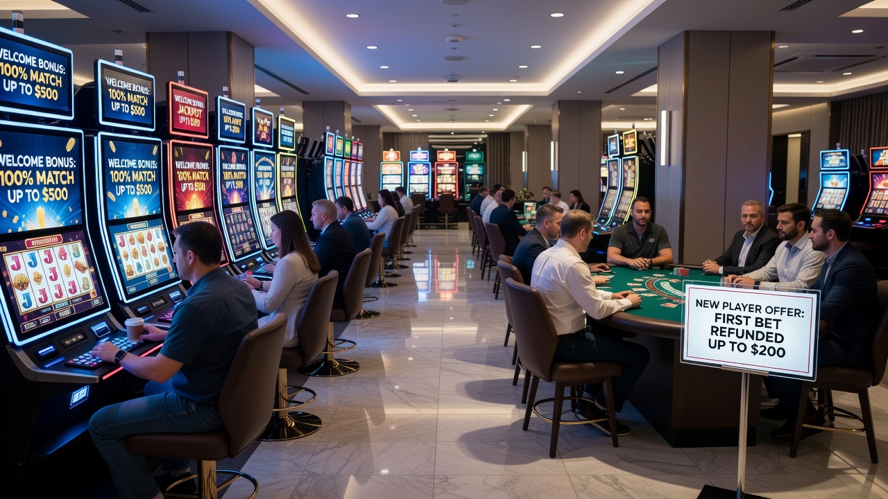 Split view of digital slot reels next to a live blackjack table with bonus progress indicators