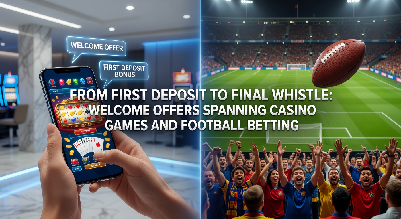 Dynamic split-screen image of a glowing casino roulette wheel on one side transitioning into a packed football pitch with players mid-action on the other, overlaid with bonus icons like coins and trophies