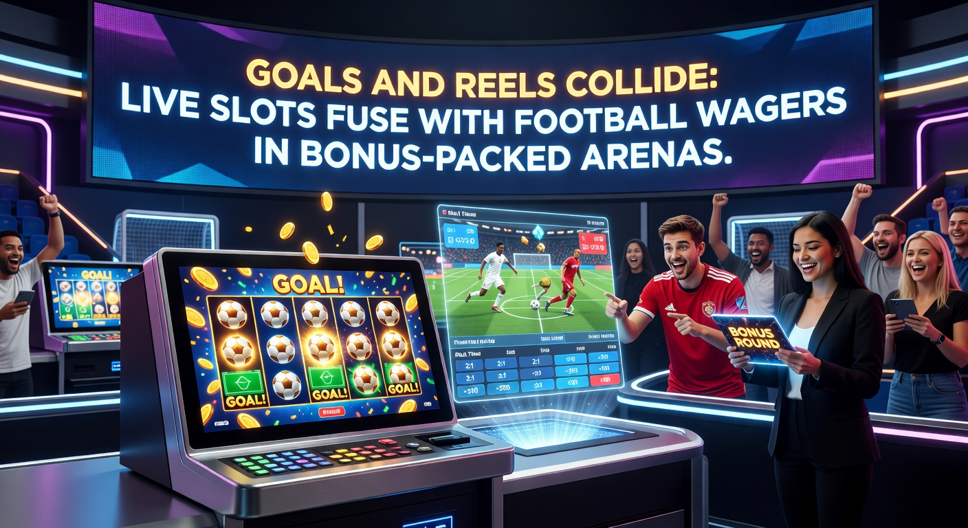 Vibrant digital arena where spinning slot reels integrate with live football action, showing goals, bets, and cascading bonuses on a dynamic screen