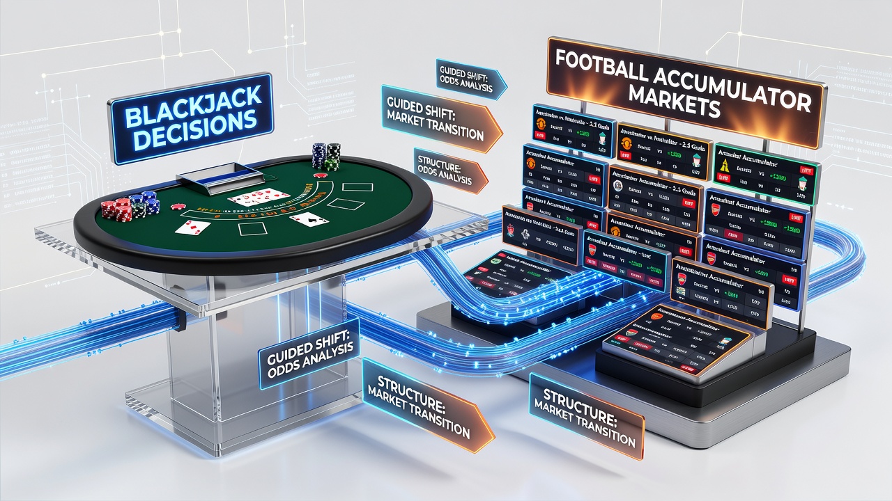 Illustration of promotional structures linking blackjack tables and football accumulator betting interfaces