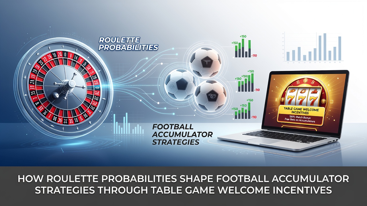 Roulette wheel with football accumulator betting elements overlaid showing probability calculations and welcome bonus icons