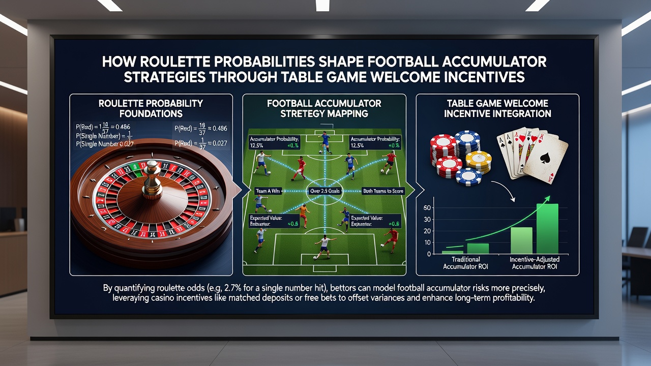 Split image showing roulette table probabilities on one side and football accumulator slip with bonus balance on the other