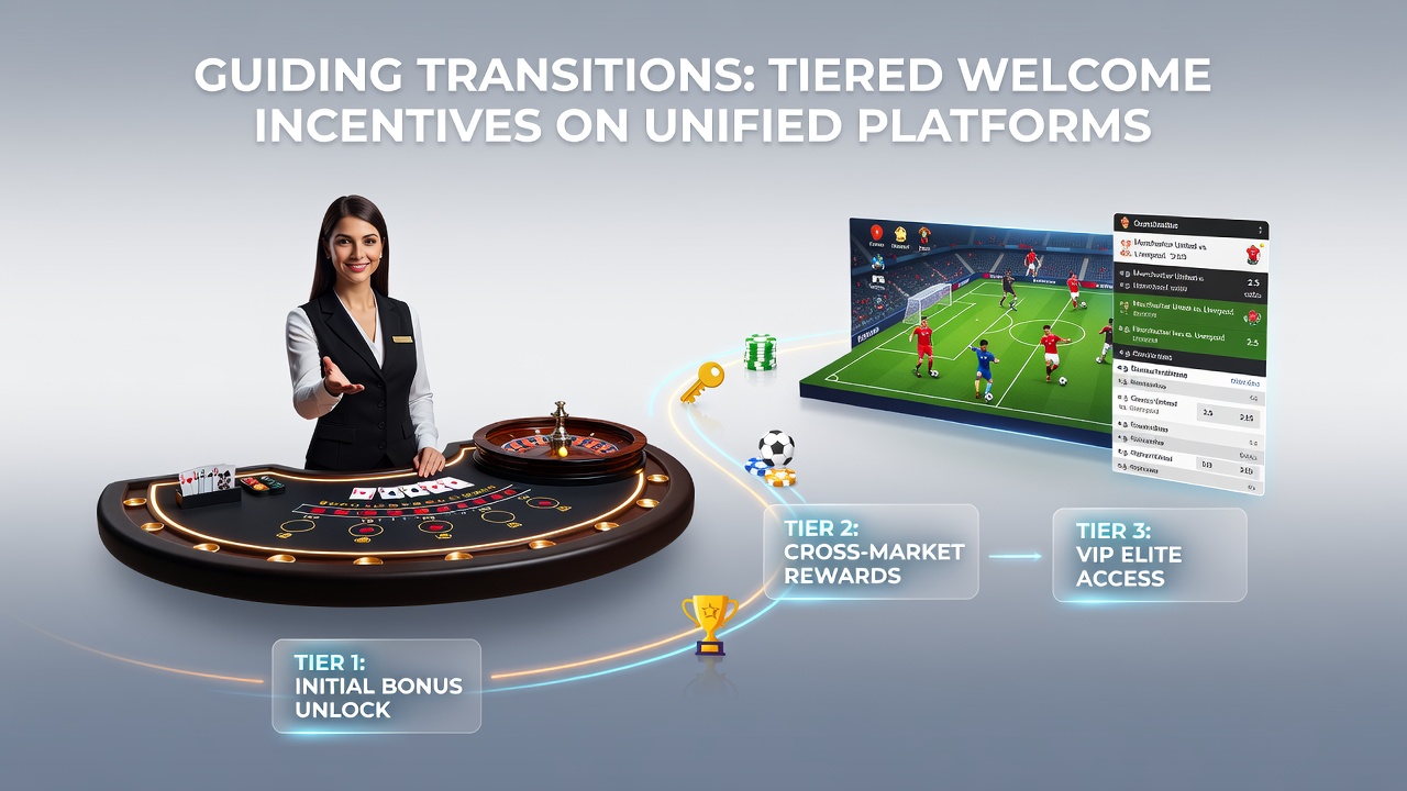 Unified platform interface showing tiered welcome incentives bridging live dealer tables and football betting sections