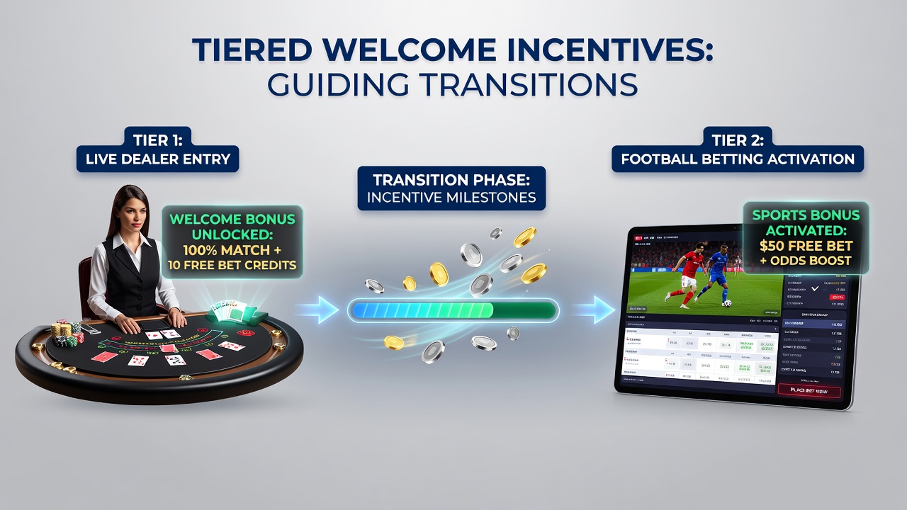 User dashboard displaying progression from live dealer rewards to football market bonuses on a single platform