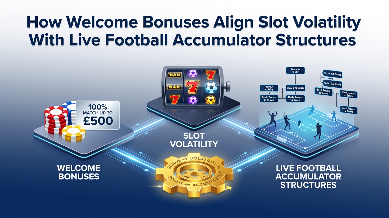 Diagram showing welcome bonus structures connected to slot volatility settings and live football accumulator bet interfaces