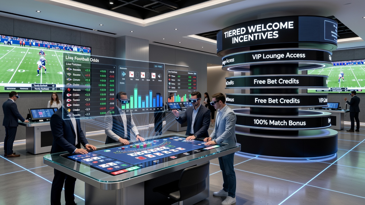 Hybrid wagering arena showing blackjack tables integrated with live football betting displays and digital odds boards