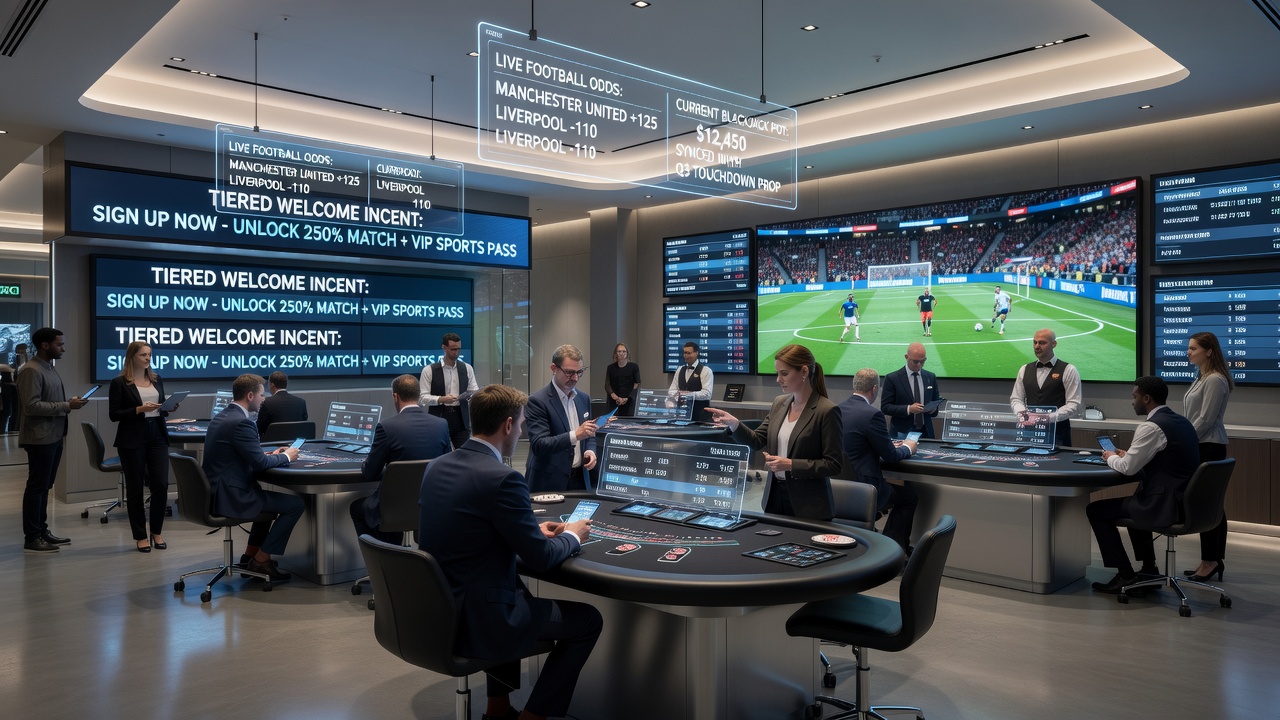 Close-up view of a blackjack terminal displaying synced live football odds alongside tiered bonus progress indicators