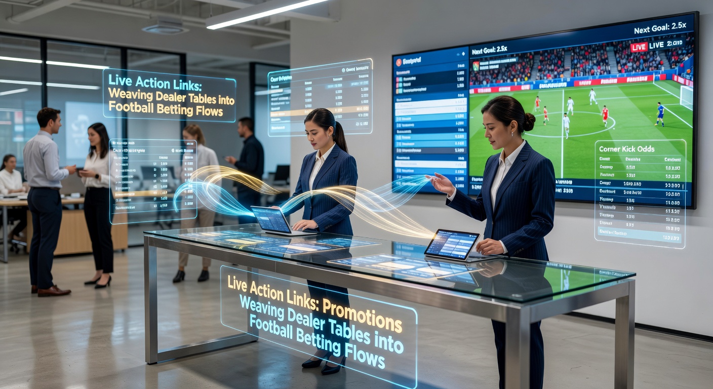 Dynamic split-screen showing a live blackjack dealer on one side and a soccer match highlight on the other, illustrating promotional crossovers