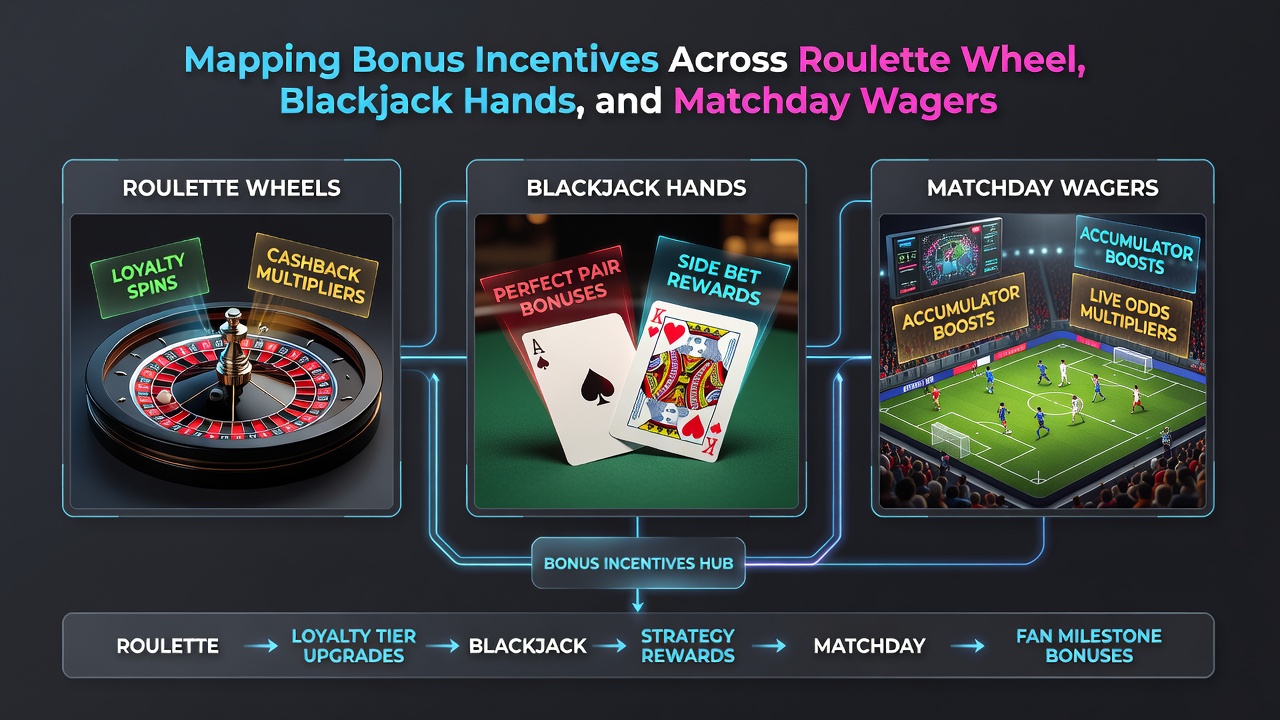 Blackjack table layout with bonus incentive overlays connected to soccer matchday wager screens