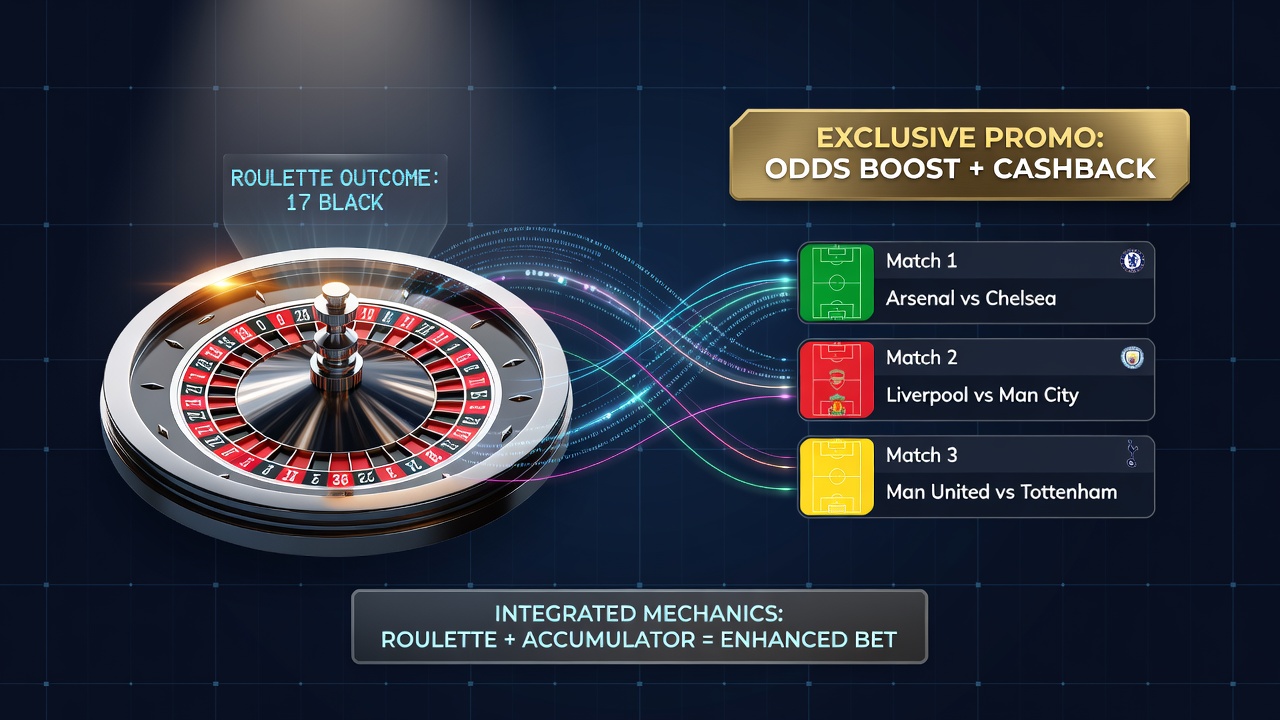 Diagram showing integration of roulette wheel results with football accumulator bet structures through promotional overlays