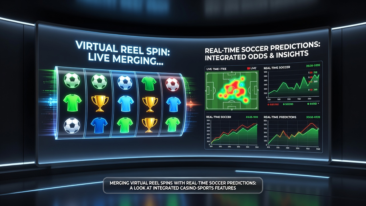 Integrated casino-sports interface showing virtual slot reels alongside live soccer match predictions and odds