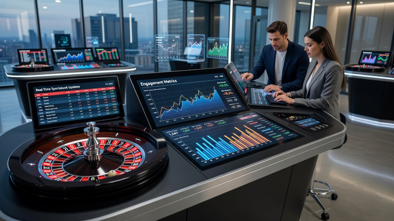 Roulette wheel spinning next to digital sportsbook interface displaying live sports odds and updates