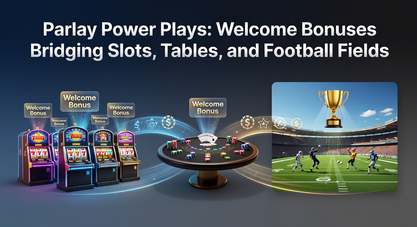 Vibrant display of slot reels spinning alongside a blackjack table and a football pitch under stadium lights, symbolizing the fusion of casino games and sports betting