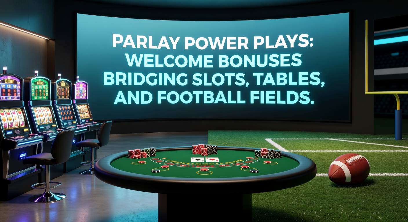 Dynamic scene of a parlay slip overlaying a roulette wheel, slot jackpot, and football goal celebration, highlighting bonus versatility
