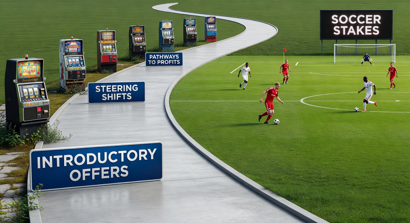 Vibrant online betting interface showing slot reels transitioning to a soccer pitch with bonus icons overlayed, illustrating the shift from casino games to sports wagering