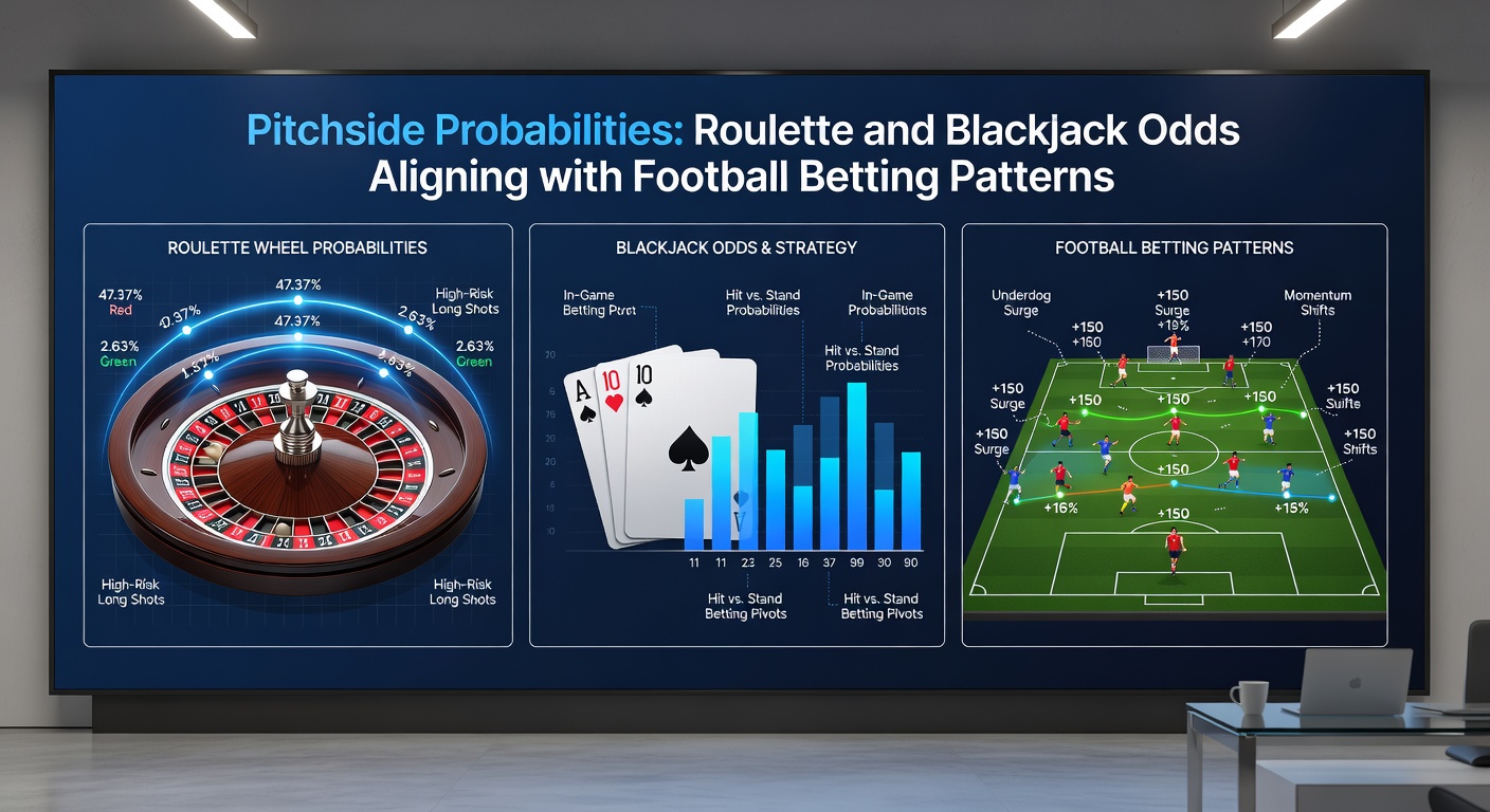 Close-up of roulette wheel, blackjack cards, and football scoreboard overlay, highlighting probability alignments