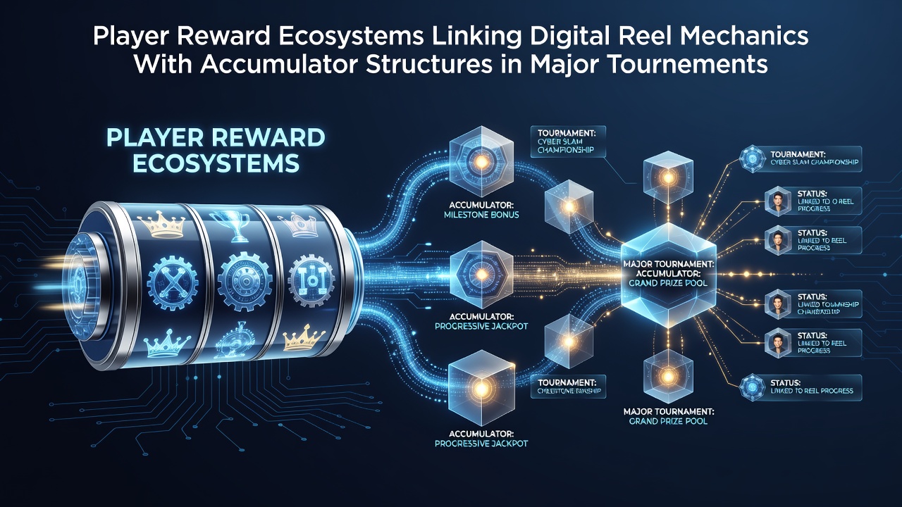Illustration of digital reel mechanics integrated with accumulator reward structures in tournament settings