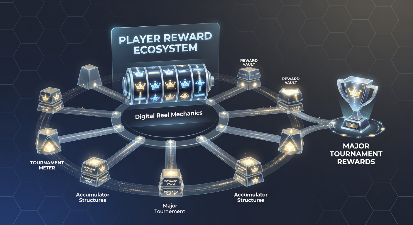 Diagram showing accumulator structures connected to reel-based gameplay in live tournament environments