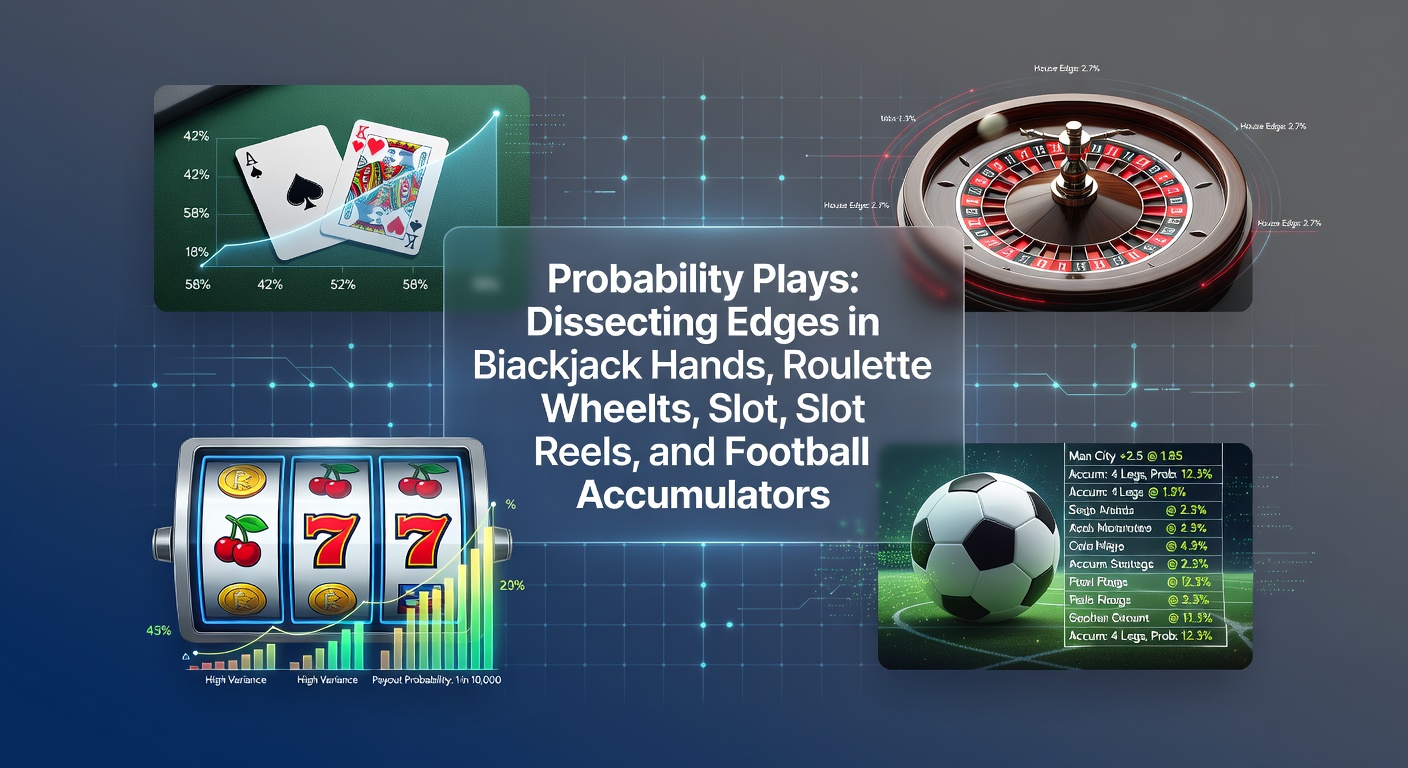 A close-up view of a blackjack table with cards, chips, and a roulette wheel in the background, symbolizing casino probability edges