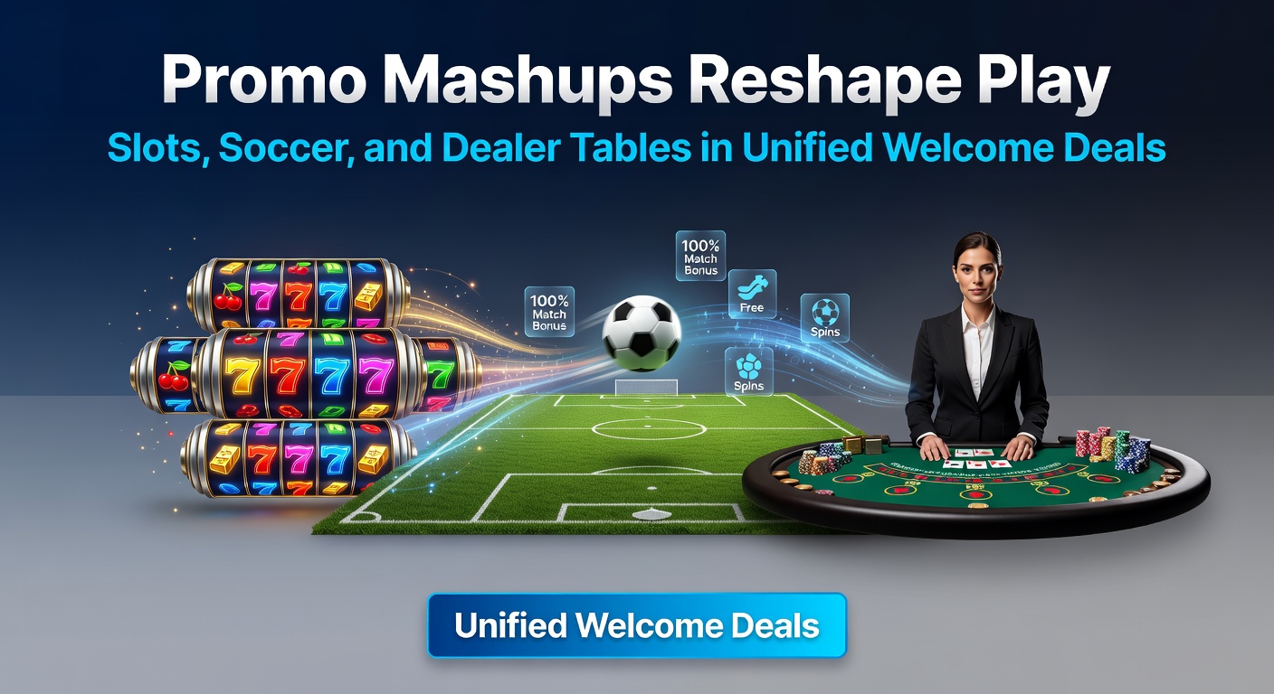 Vibrant casino interface showing slots, soccer match highlights, and live dealer blackjack table merged in a single welcome bonus dashboard