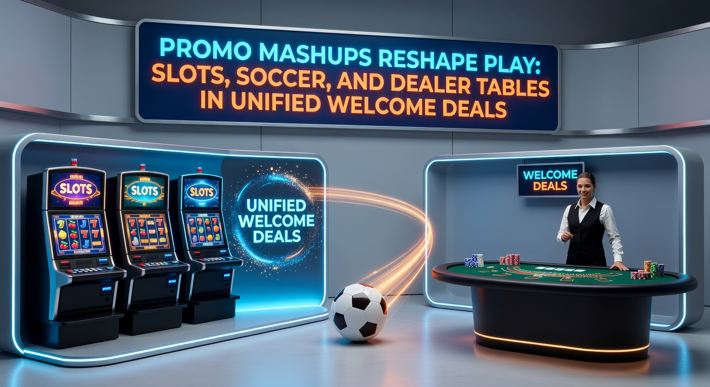 Dynamic split-screen graphic illustrating a slot machine payout linking to a soccer goal celebration and live dealer card flip in a promo overlay