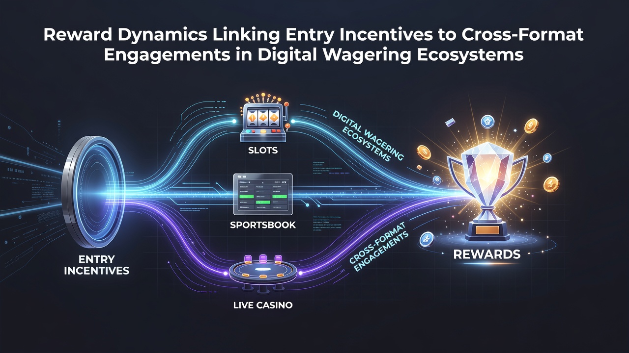 Digital interface showing interconnected wagering formats including slots, live tables, and sports markets with overlaid reward indicators