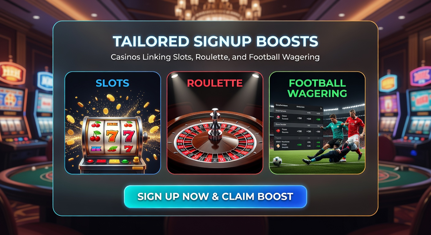 Dynamic split-screen of a roulette table, slot machine paylines, and live soccer action, representing tailored signup boosts across games