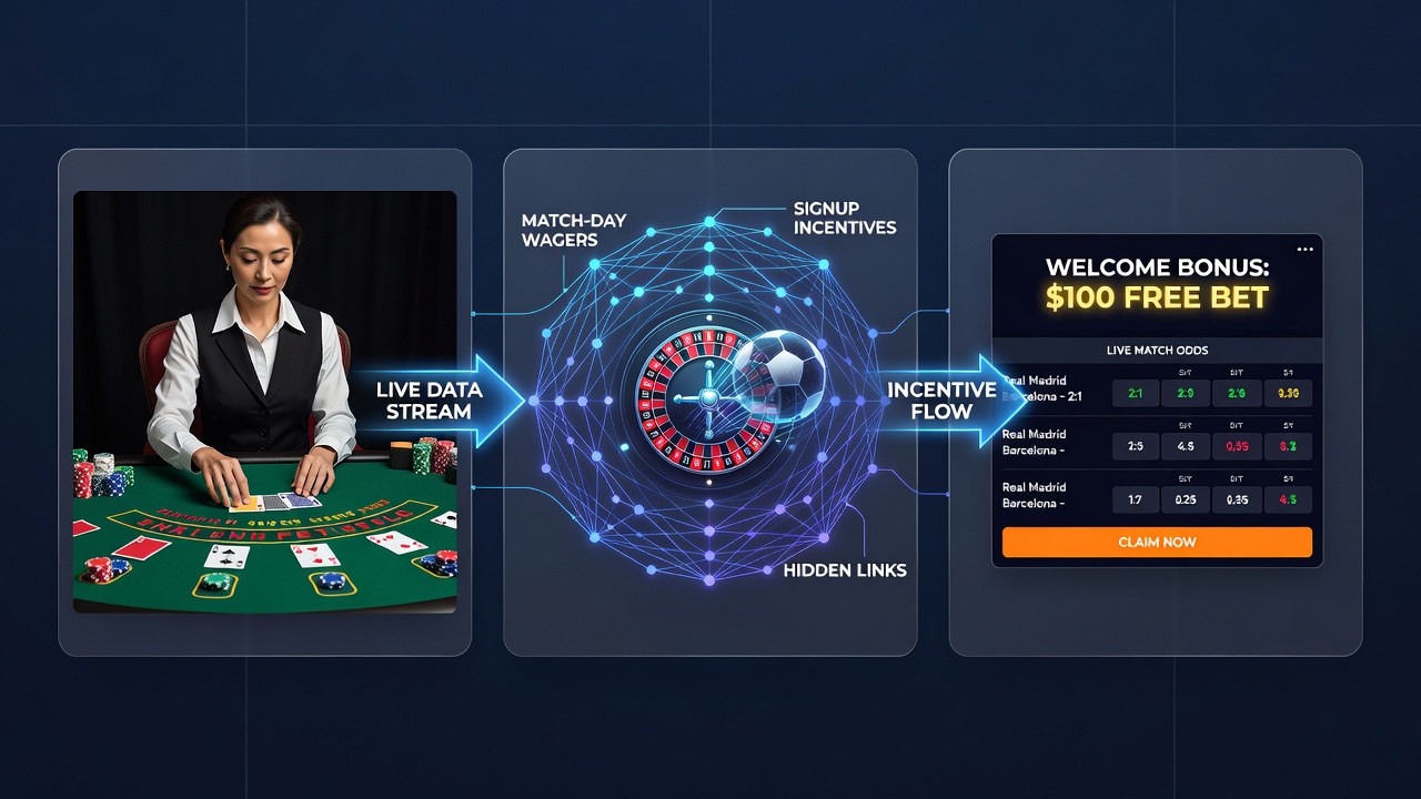 Split screen view of a live dealer blackjack table next to a football match betting interface with active wagers