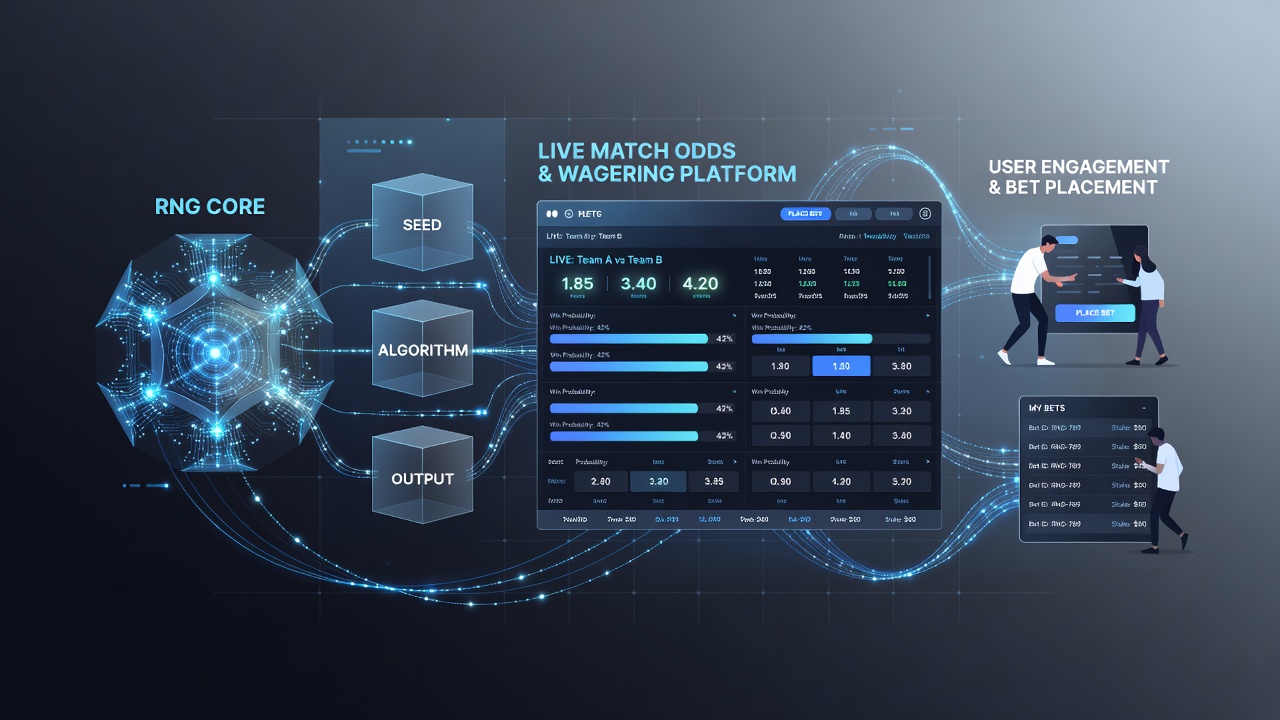 Technical diagram illustrating RNG data flow merging with live sports statistics for hybrid bet settlement