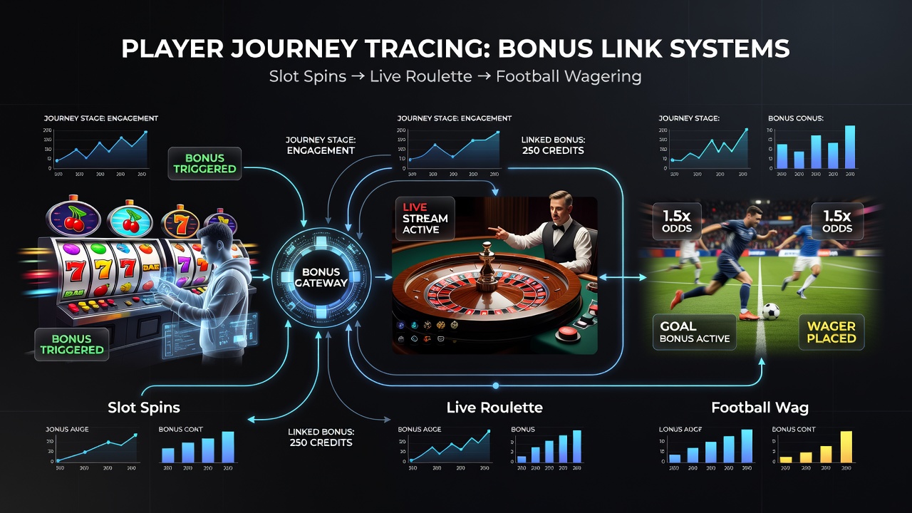 Screenshot of analytics dashboard displaying connected bonus flows between slots, roulette, and soccer betting