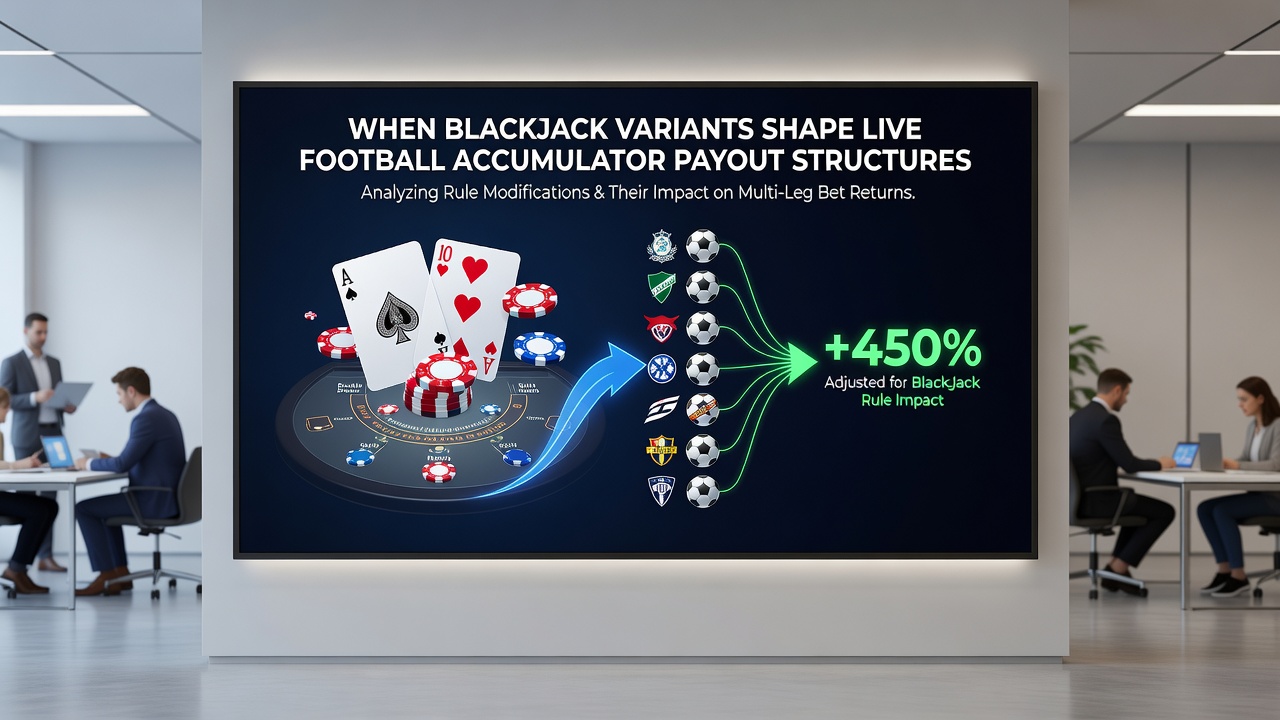 Live dealer managing blackjack hand alongside real-time football accumulator display